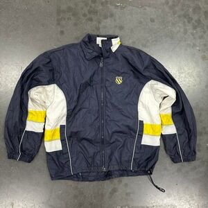 Vintage 90s navy blue windbreaker jacket with yellow & white pitting Sz Lg